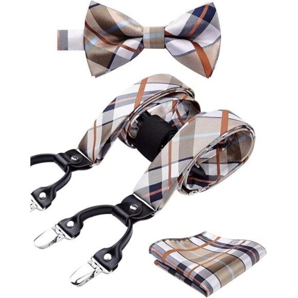 Bow Tie and Suspenders for Men Suspender and Bowtie Handkerchief Set Adjustable - Picture 7 of 7